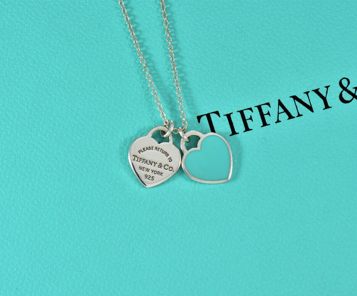 18.5" Please Return Tiffany & Co Silver Mini Double Heart Blue Enamel Necklace