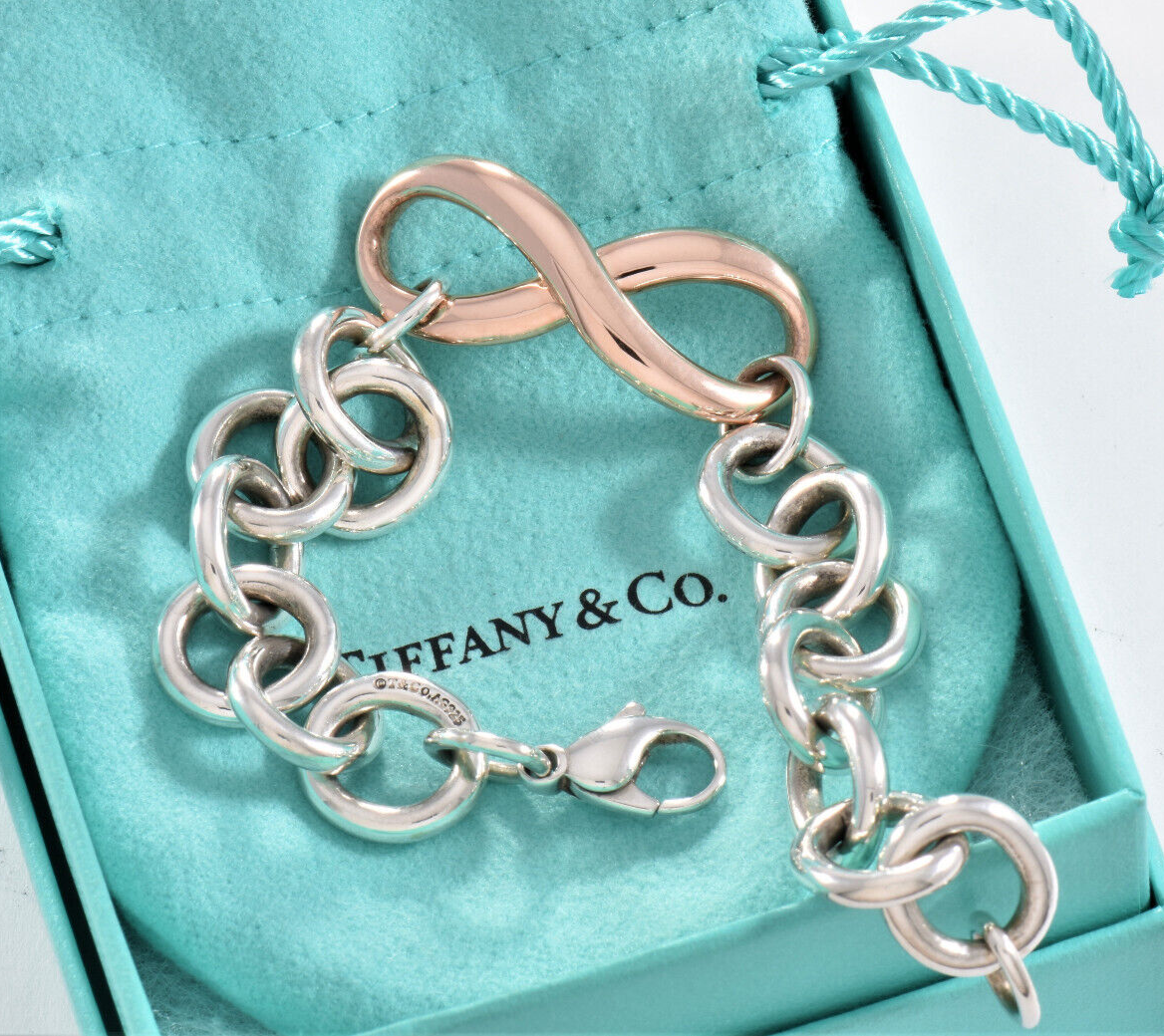 Heavy 7.75" Tiffany & Co Rubedo Gold Metal Silver Infinity Large Chain Bracelet