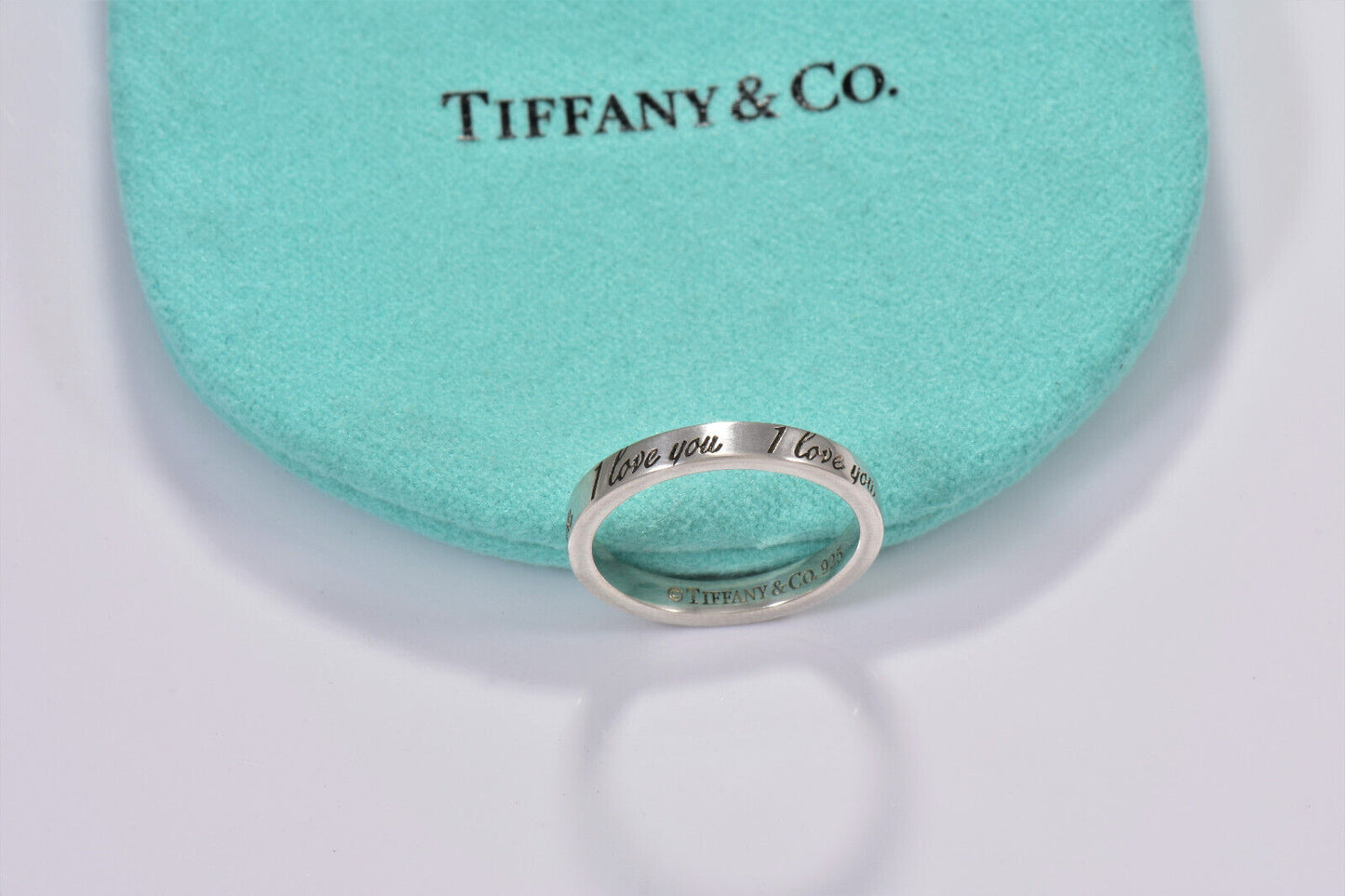 Size 9 Tiffany & Co Sterling Silver I Love You Notes Narrow Band Ring in Pouch