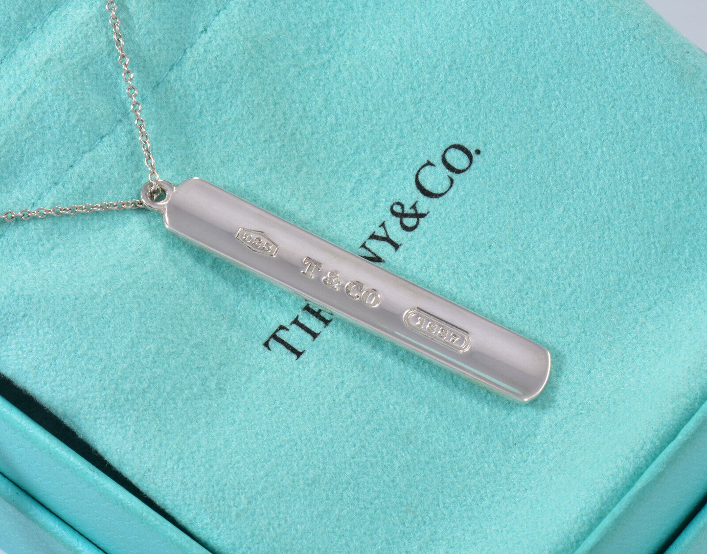 20" Tiffany & Co  Silver Larger 1837 Thin Bar Pendant Necklace Box Pouch Ribbon