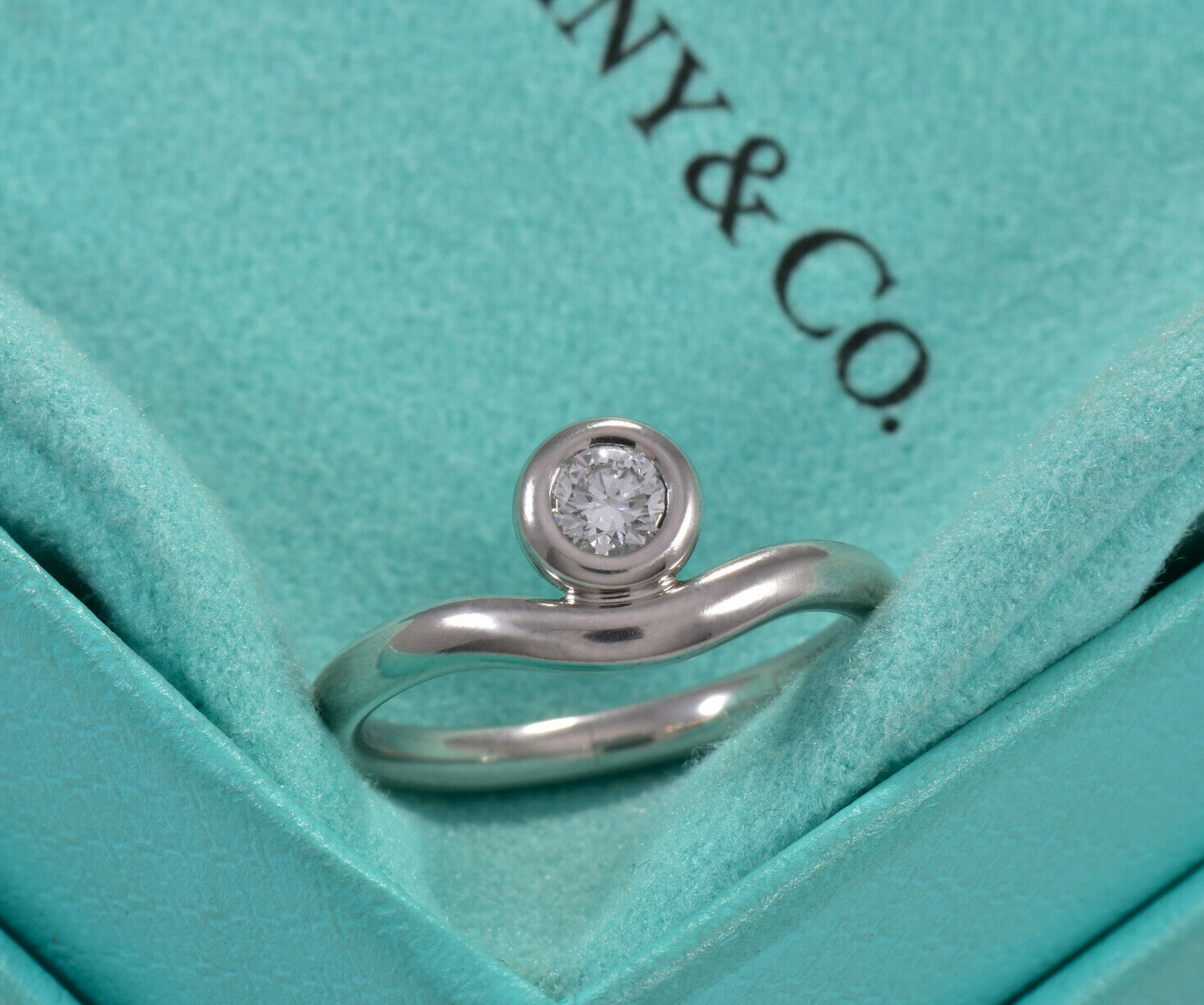 Size 5 Tiffany & Co Platinum Diamond By Yard Elsa Peretti Curved Ring Solitaire