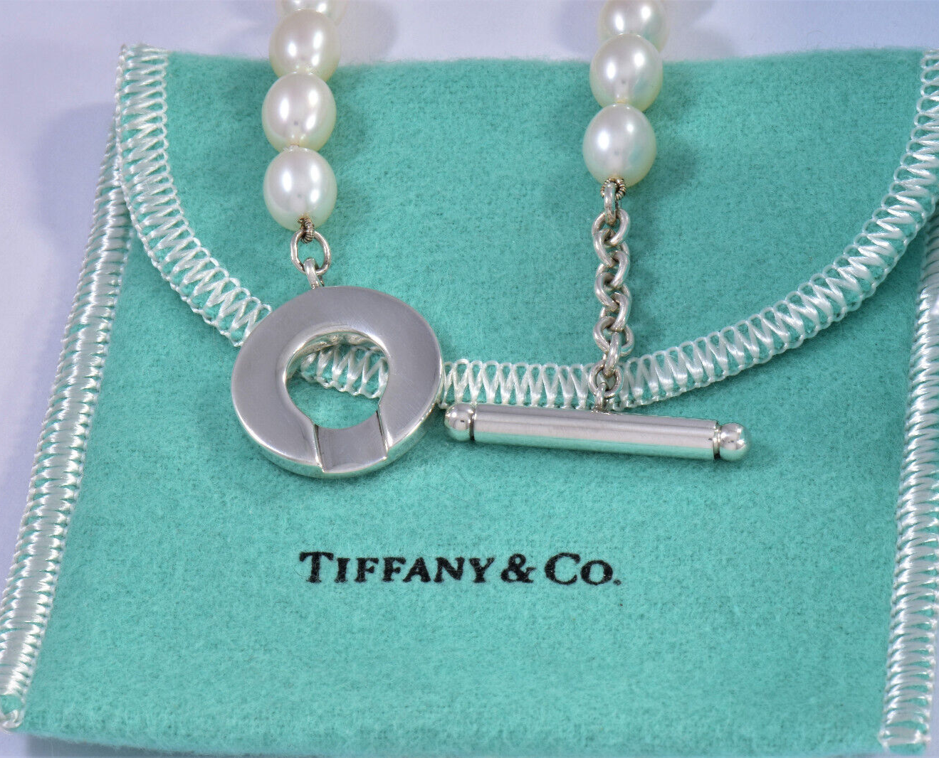 8" Tiffany & Co Sterling Silver 8mm Pearl Bead Toggle Charm Bracelet & Box Pouch