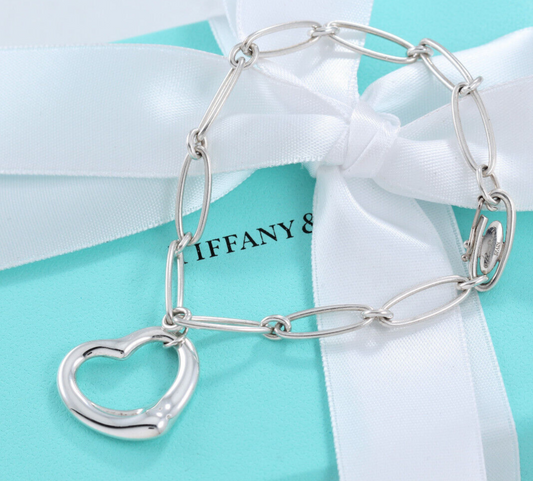 7.5" Tiffany & Co Elsa Peretti Silver Open Heart Oval Link Chain Bracelet Pouch