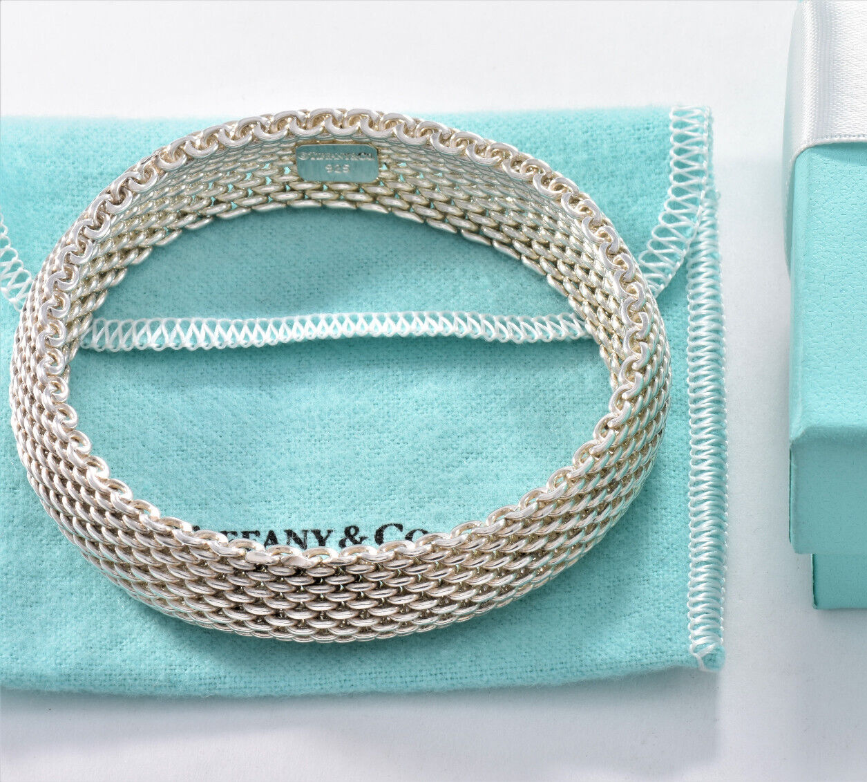 7.5” Tiffany & Co Silver Somerset Mesh Dome Bangle Bracelet in Box Pouch Ribbon