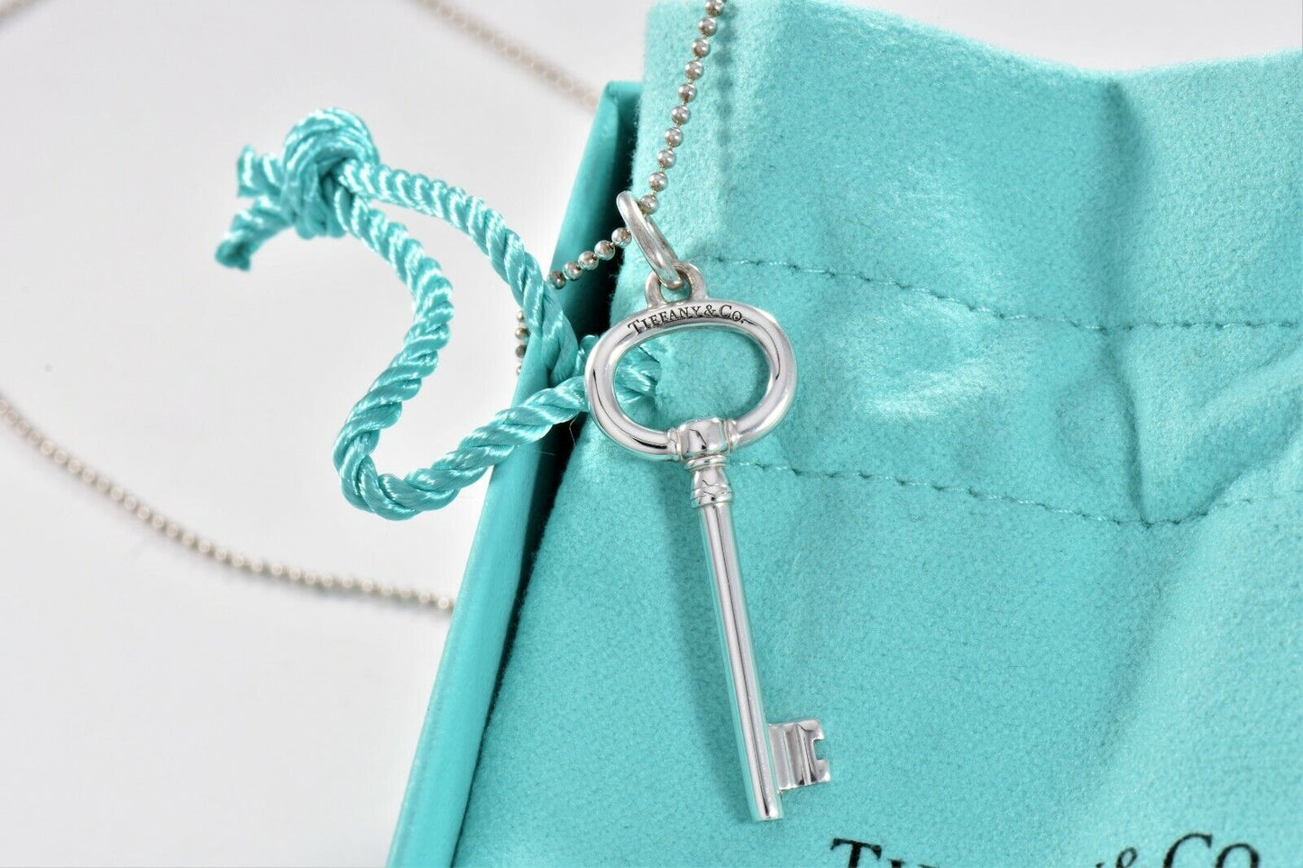 Tiffany & Co Sterling Silver 1.5" Oval Key Pendant 18" Bead Chain Necklace Pouch