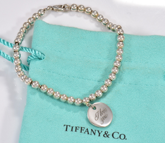 7" Tiffany & Co Silver I Love You Round Tag Bead Chain Bracelet with Pouch Rare