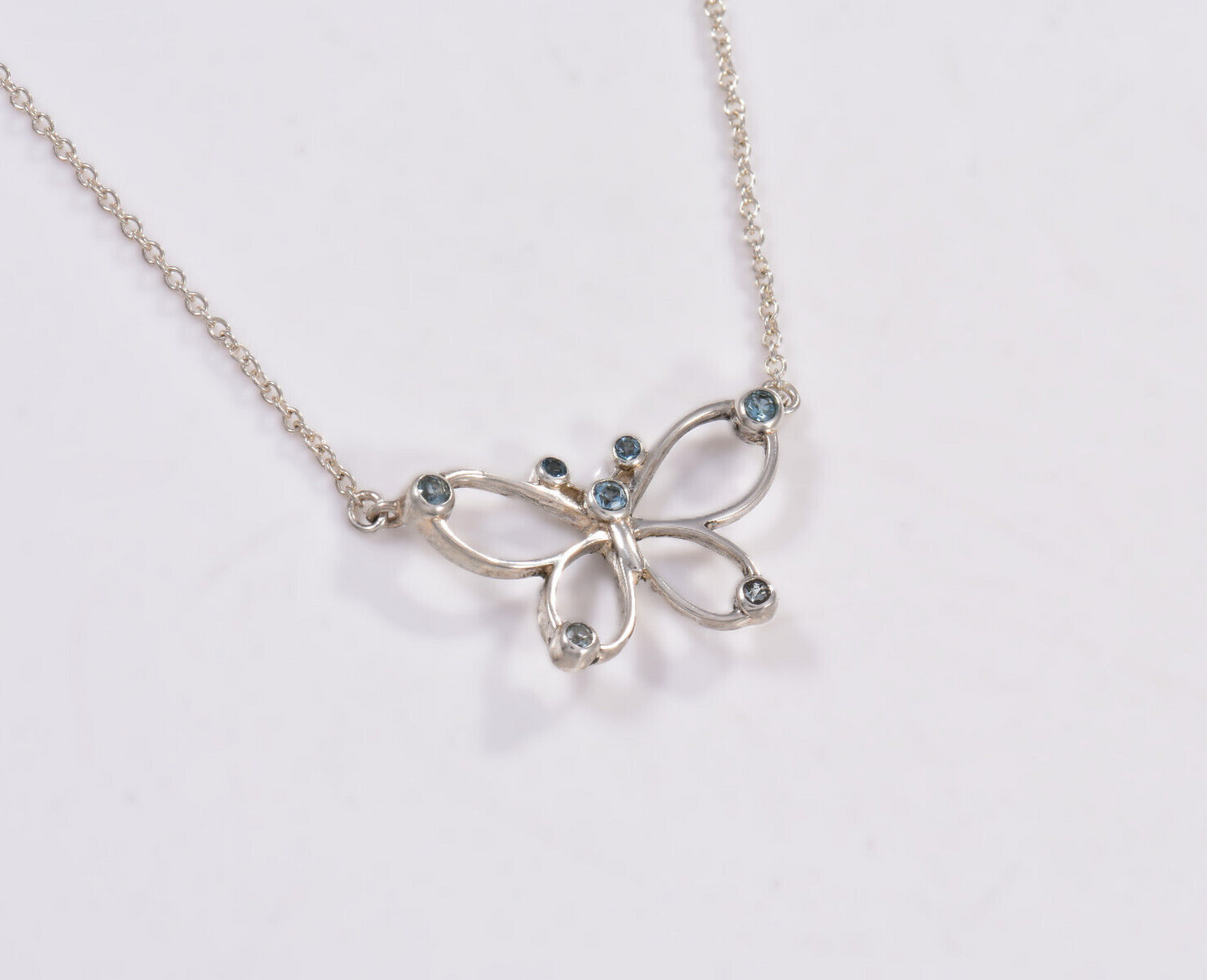 Tiffany & Co Silver Blue Sapphire Butterfly Pendant 16.25" Necklace in Box Pouch