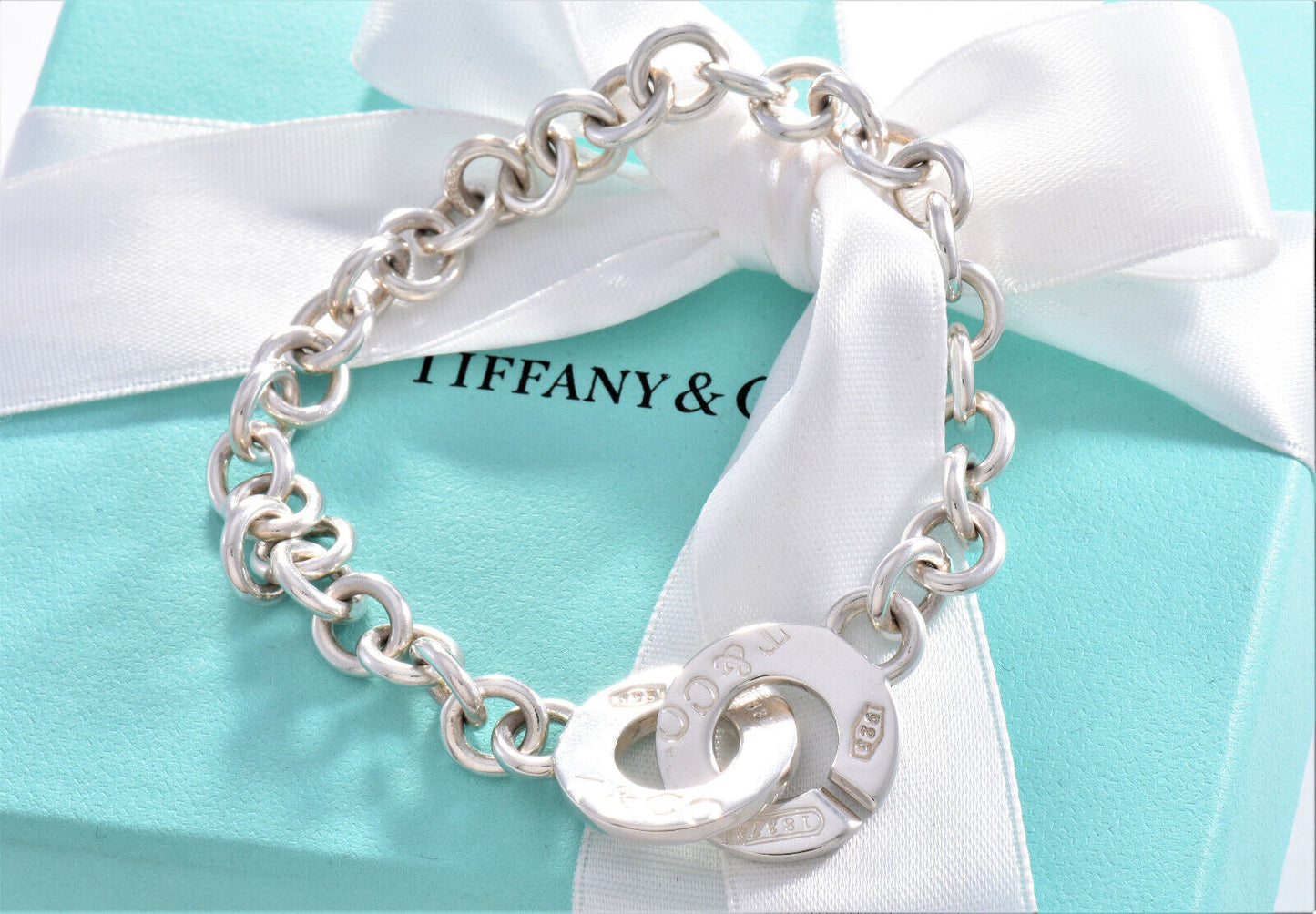 8" Tiffany & Co Sterling Silver 1837 Interlocking Toggle Bracelet in Pouch Rare