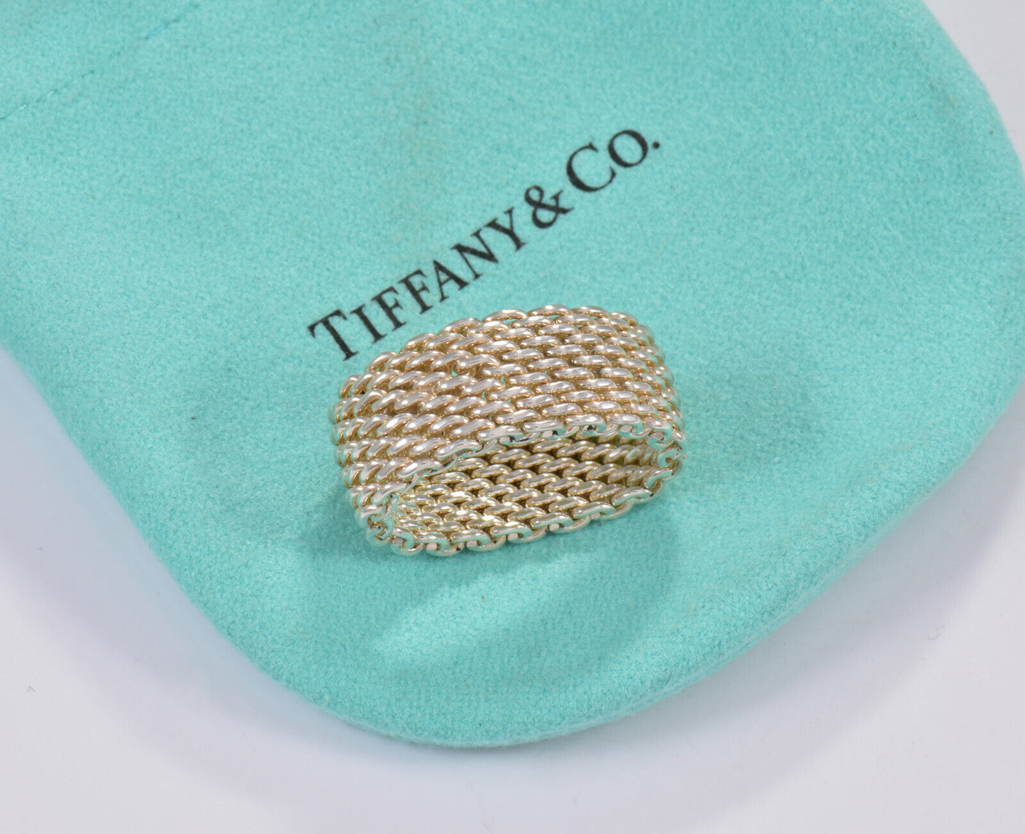 Size 6.5 Tiffany & Co Somerset Sterling Silver Mesh Love Ring & Pouch Lovely