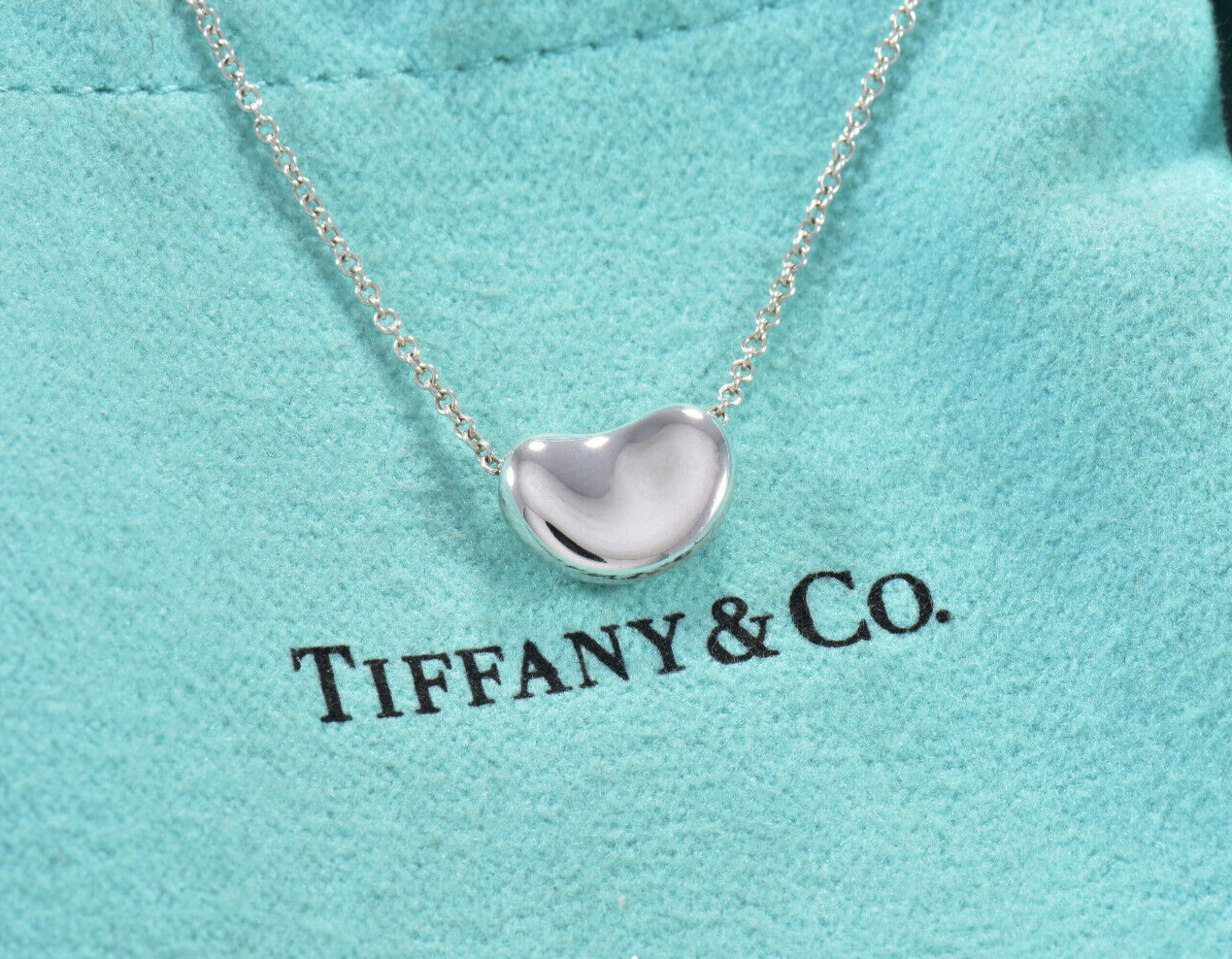 Tiffany & Co Silver Elsa Peretti 11mm Bean Pendant 16" Necklace in Pouch Lovely