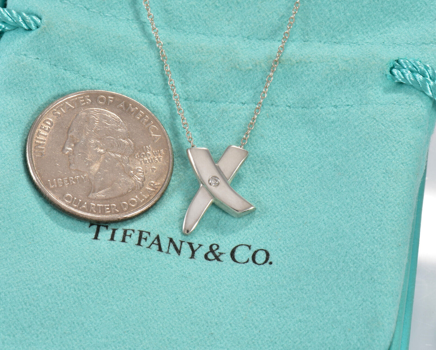 Tiffany & Co Diamond Silver Paloma Picasso 15mm X Pendant Necklace in Pouch Rare