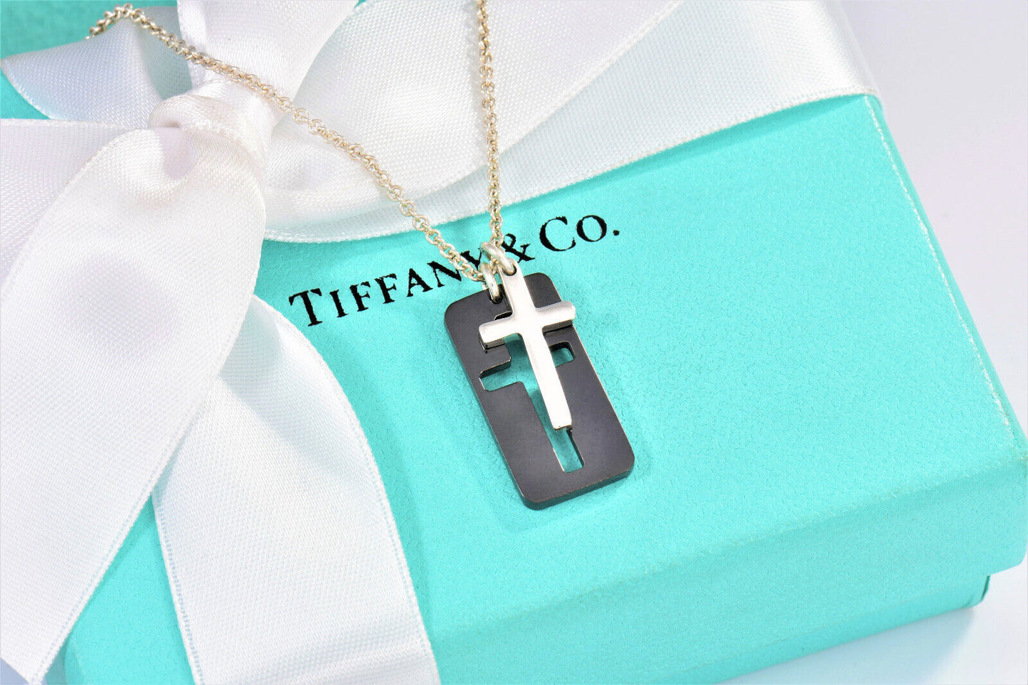 Tiffany & Co Silver Black Titanium Cross Pendant 20" Necklace in Pouch Rare Mens