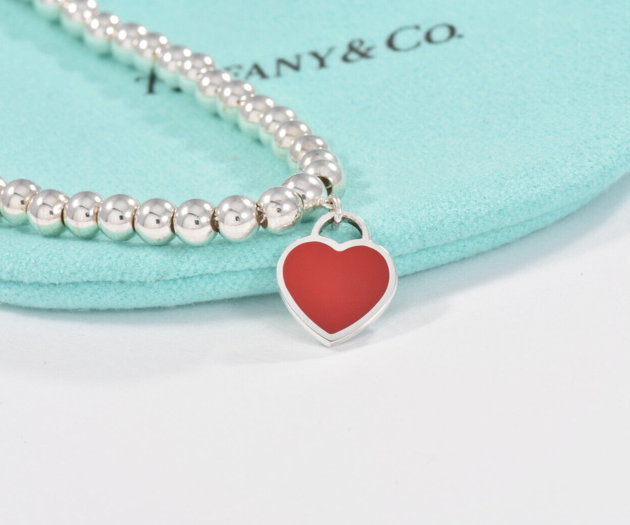 7" Please Return To Tiffany & Co Silver Red Enamel Heart Charm Bead Bracelet Box