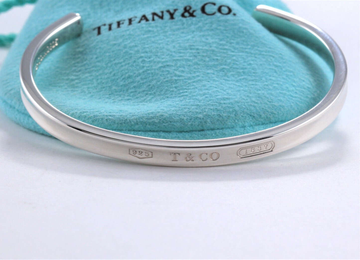 7" Tiffany & Co Sterling Silver 1837 Narrow Cuff Bracelet in Pouch Lovely Rare