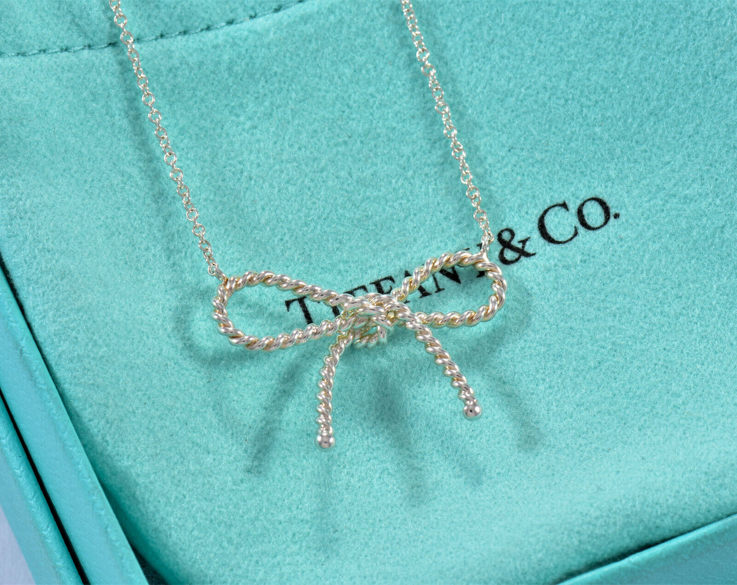 Tiffany & Co Silver Large Rope Ribbon Bow Pendant 16.75" Necklace in Box Pouch