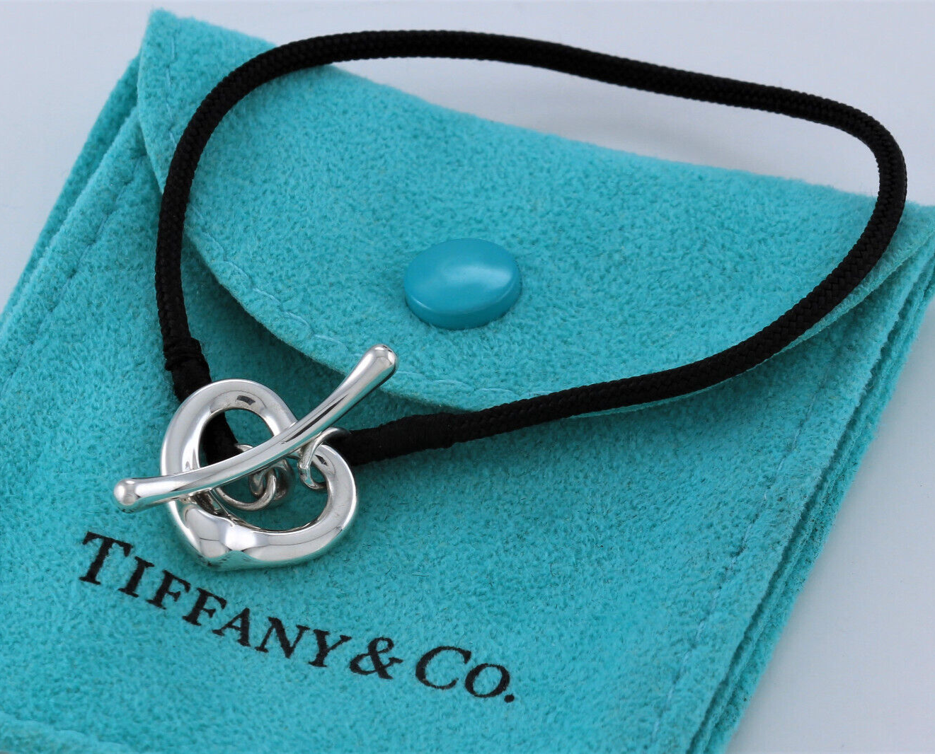 Tiffany & Co Silver Elsa Peretti Open Heart Silk Toggle 7" Bracelet in Box Pouch