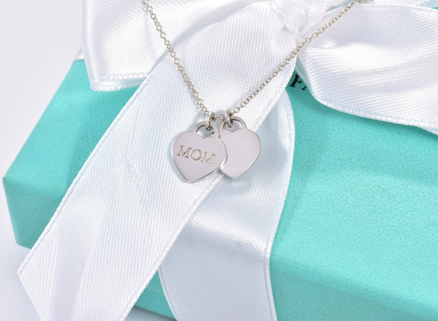 Tiffany & Co Silver "Mom" Mini Double Heart Pendant 19" Necklace in Box Pouch