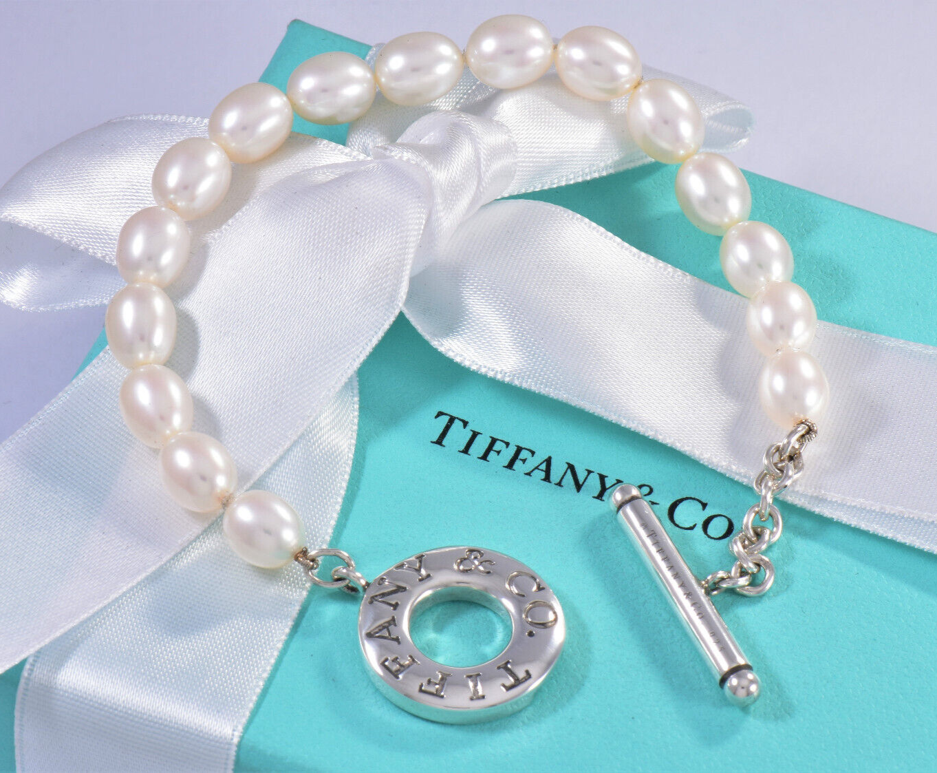 8" Tiffany & Co Sterling Silver 8mm Pearl Bead Toggle Charm Bracelet & Box Pouch