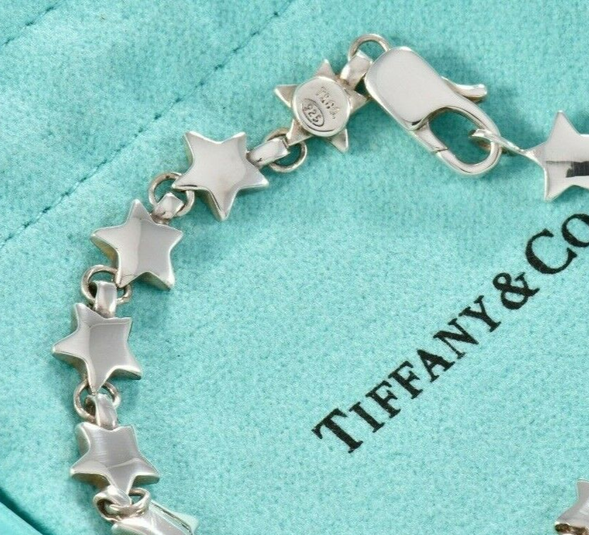 7.55 Vintage Tiffany & Co Sterling Silver Star Chain Link Bracelet in Pouch Rare