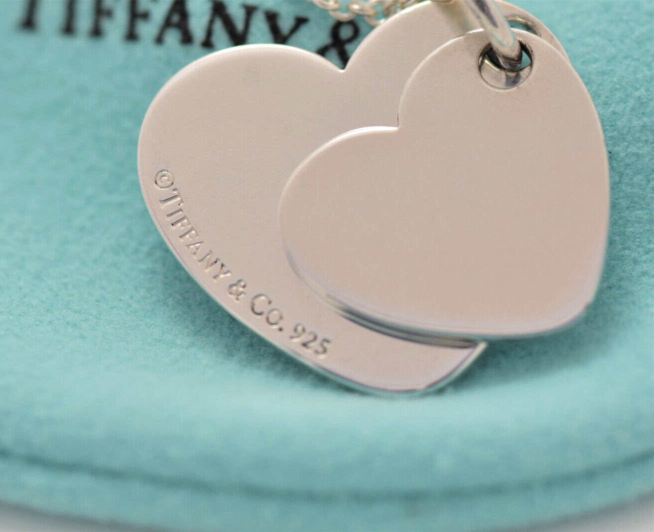 Tiffany & Co Silver Double Heart Tag Two Pendant Necklace 18.25" Chain in Pouch