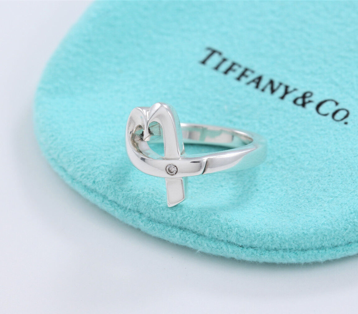 Size 5.5 Tiffany & Co Diamond Silver Paloma Picasso Loving Heart Ring Box Pouch