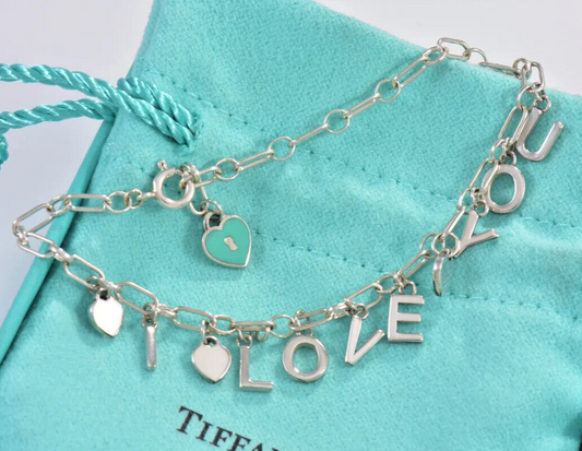 Tiffany & Co Silver Blue Enamel Heart I Love You Notes 7" Charm Bracelet in Box