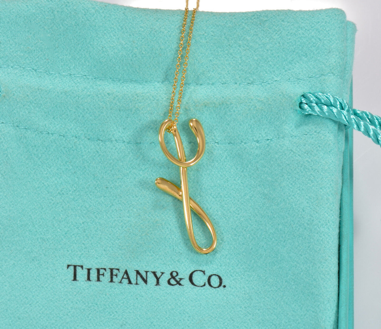 Tiffany & Co 18K Yellow Gold Elsa Peretti Letter Y Pendant 16" Necklace in Box