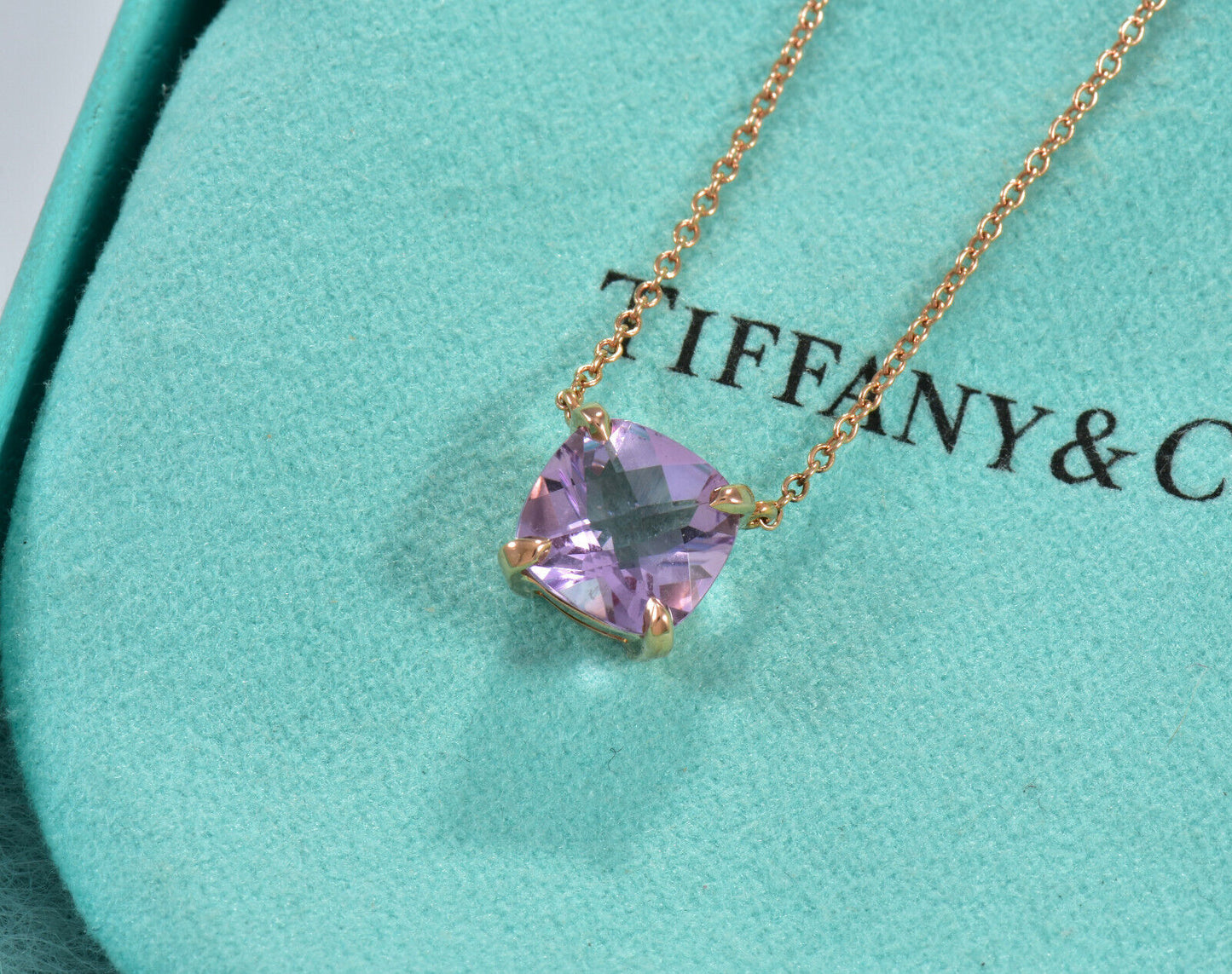 Tiffany & Co 18K Rose Gold Amethyst Square Sparkler Pendant 16" Necklace in Box