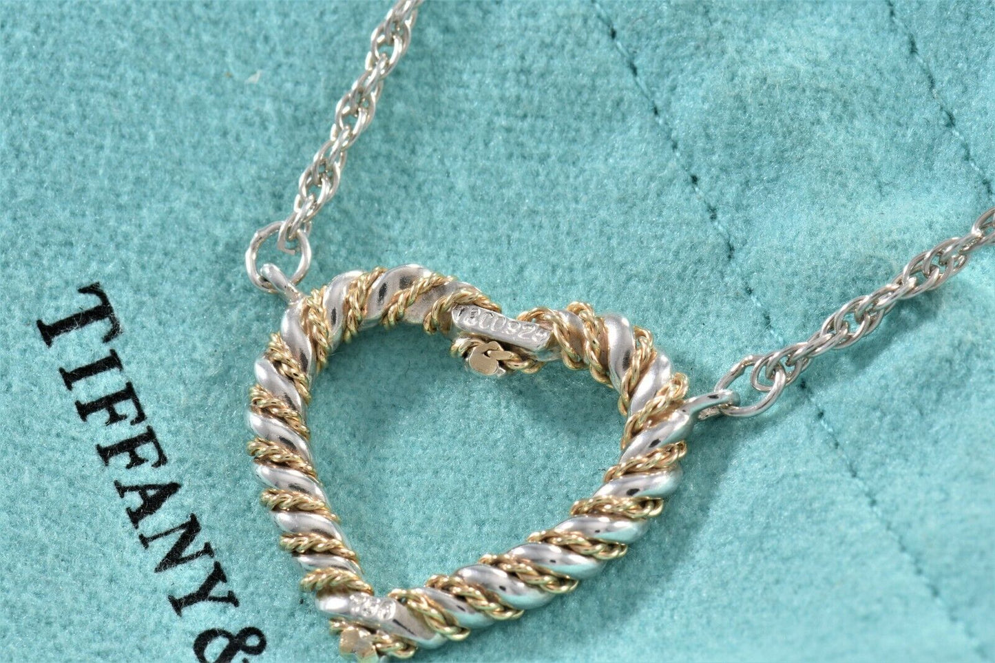 Vintage Tiffany & Co Silver Gold Heart Rope 19" Necklace in Pouch Rare Twist