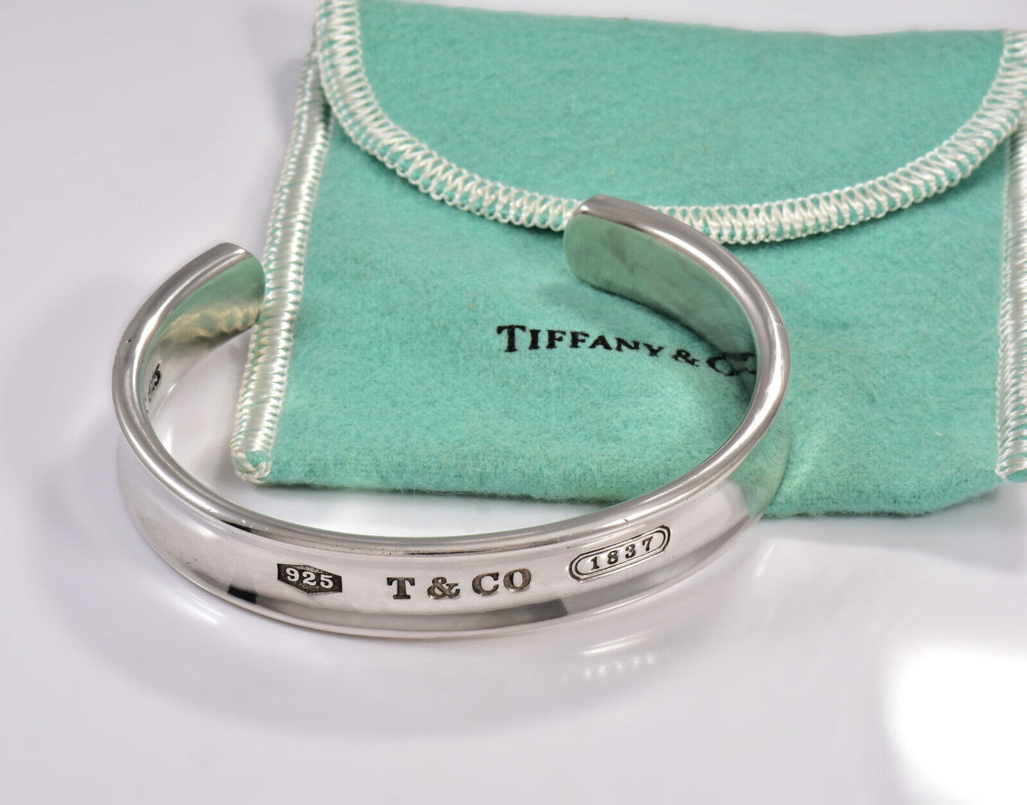 7.25" Tiffany & Co Sterling Silver 12mm Wide 1837 Cuff Bracelet in Pouch Unisex