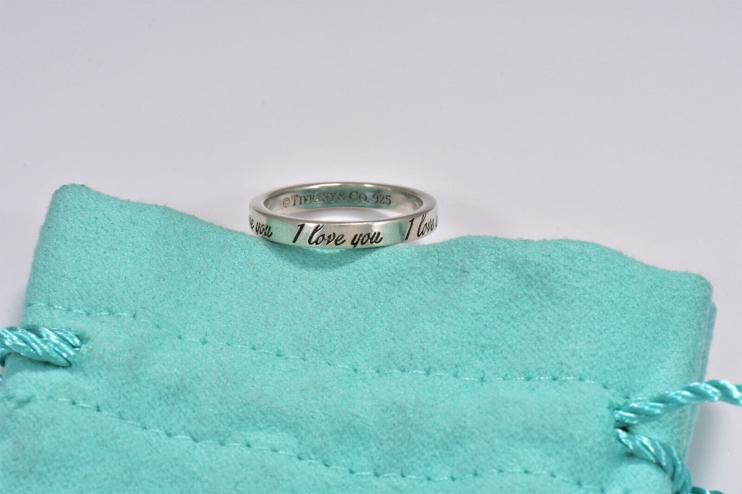 Size 9 Tiffany & Co Sterling Silver I Love You Notes Narrow Band Ring in Pouch