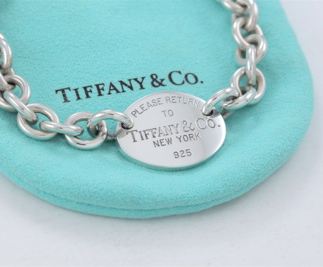 7.25" Please Return To Tiffany & Co Silver Oval Charm Chain Link Bracelet Pouch