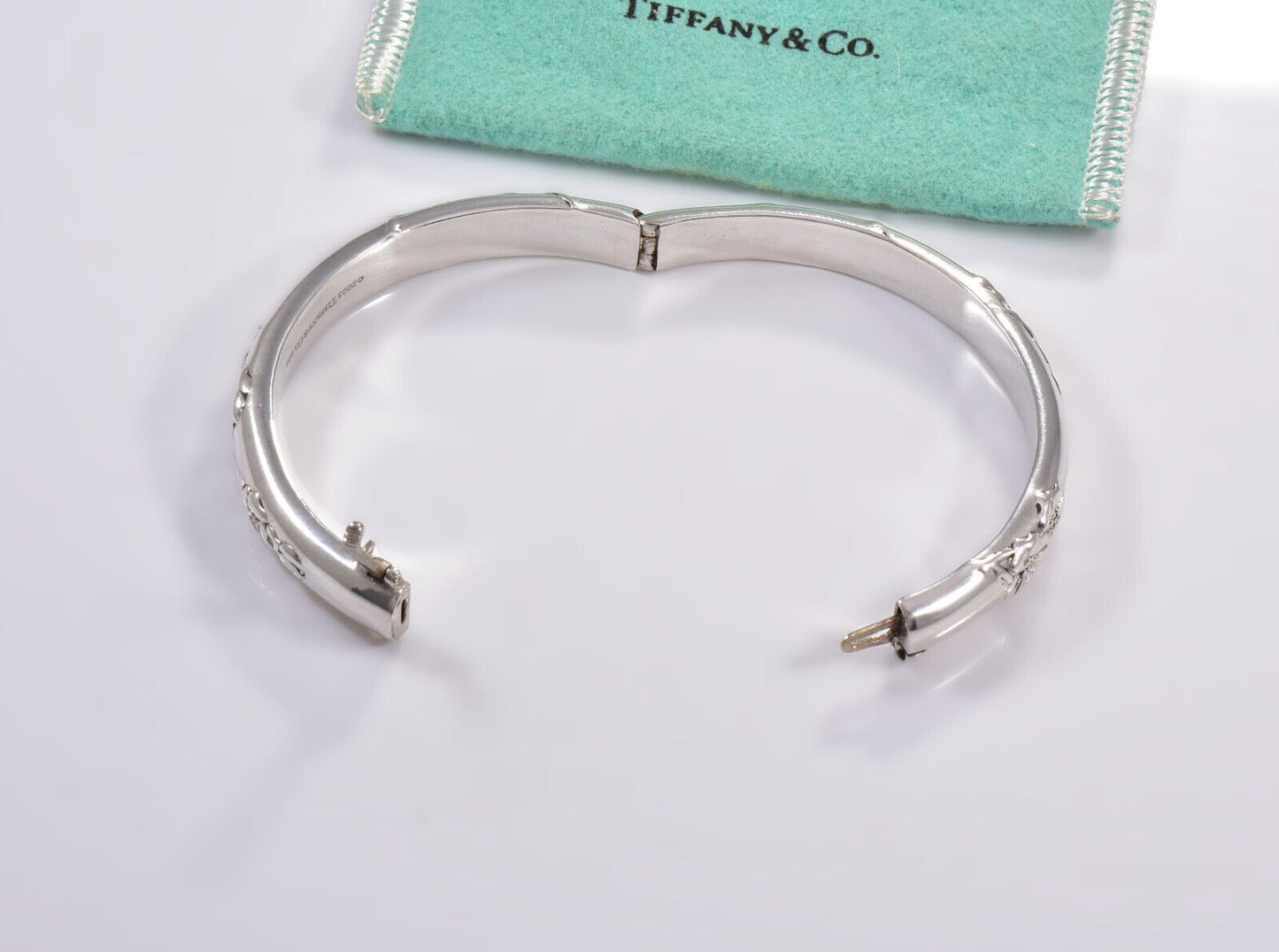 Tiffany & Co Silver Rose Flower Bangle Hinged Bracelet in Box Pouch Ribbon Rare