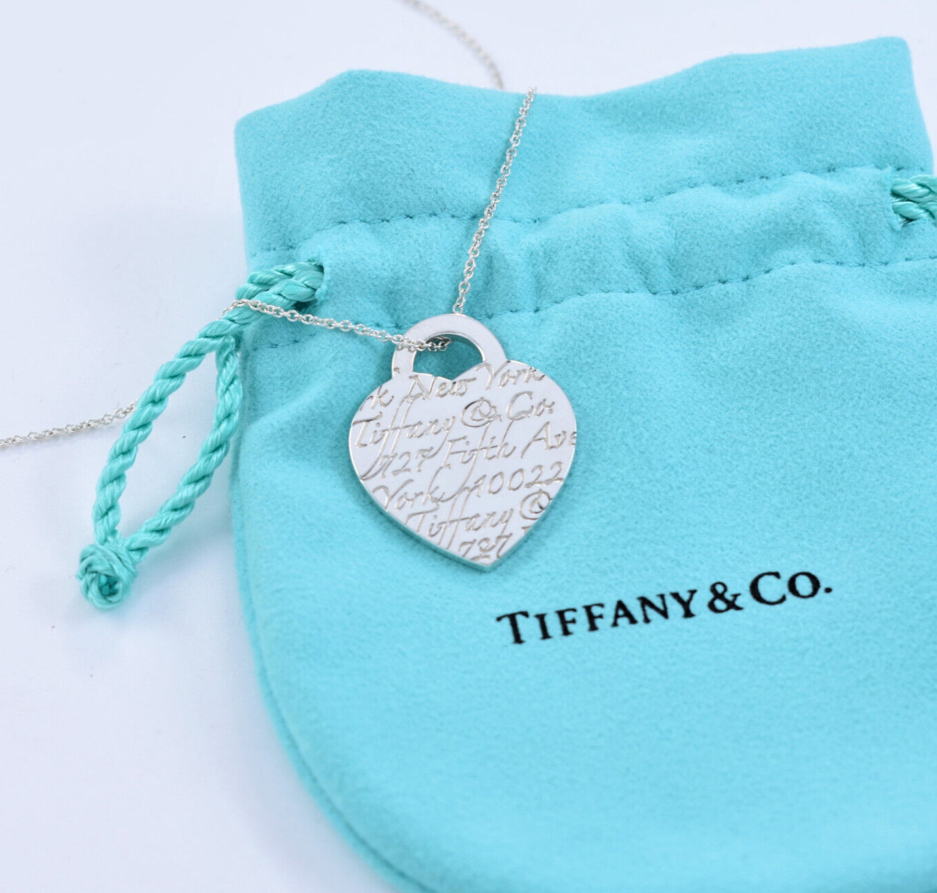 Tiffany & Co Silver Large 1" NY Adress Notes Heart Pendant 18" Necklace in Box