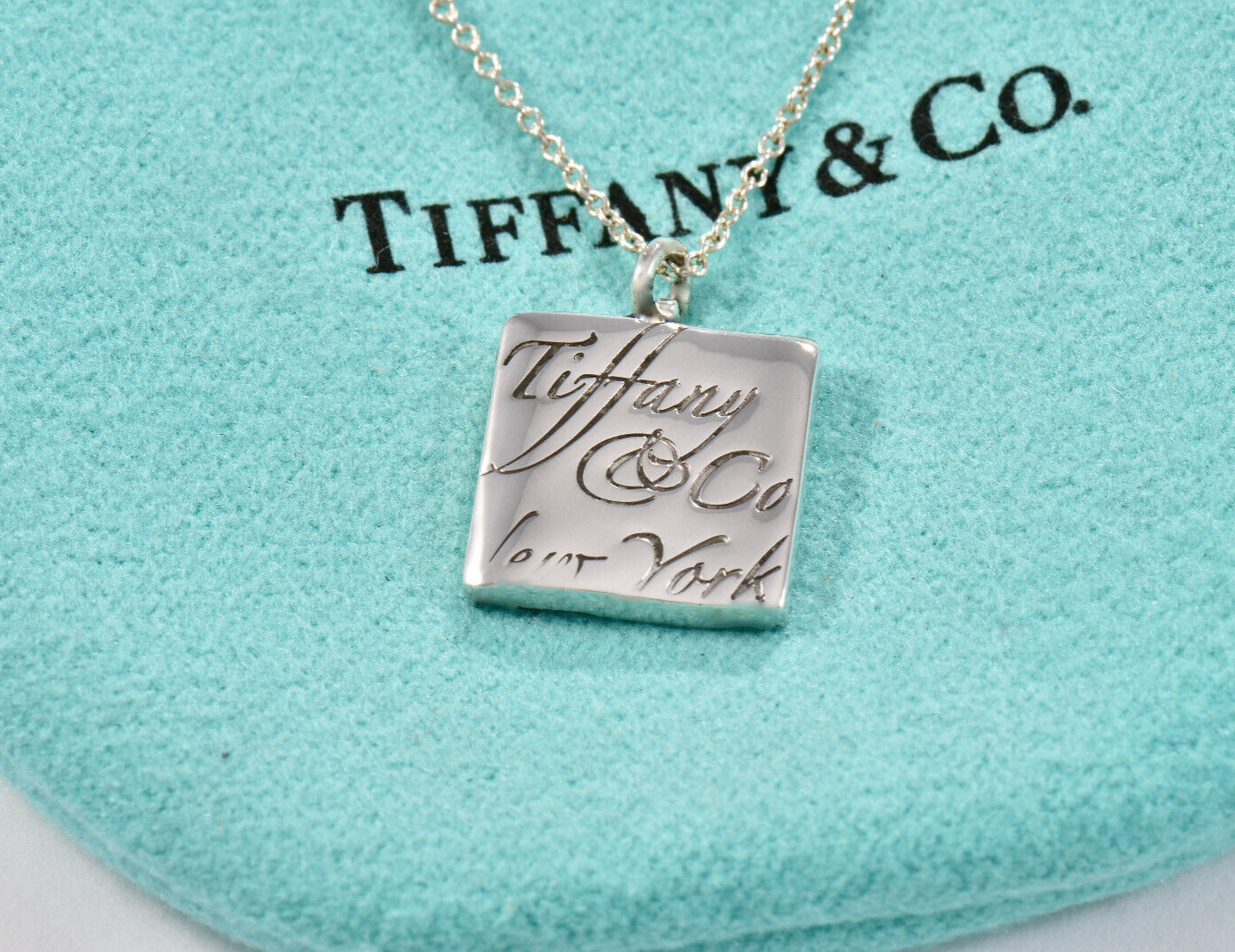 16.5" Tiffany & Co Silver NY Notes Square Wavy Pendant Necklace in Pouch Rare