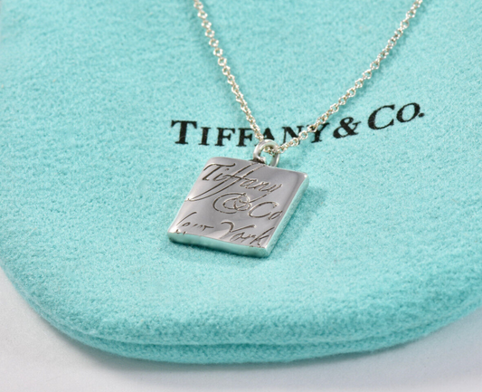 16.5" Tiffany & Co Silver NY Notes Square Wavy Pendant Necklace in Pouch Rare