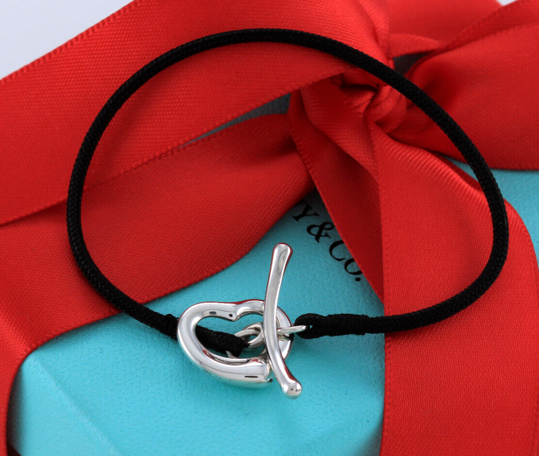 7.25" Tiffany & Co Silver Elsa Peretti Open Heart Silk Toggle Bracelet Box Pouch