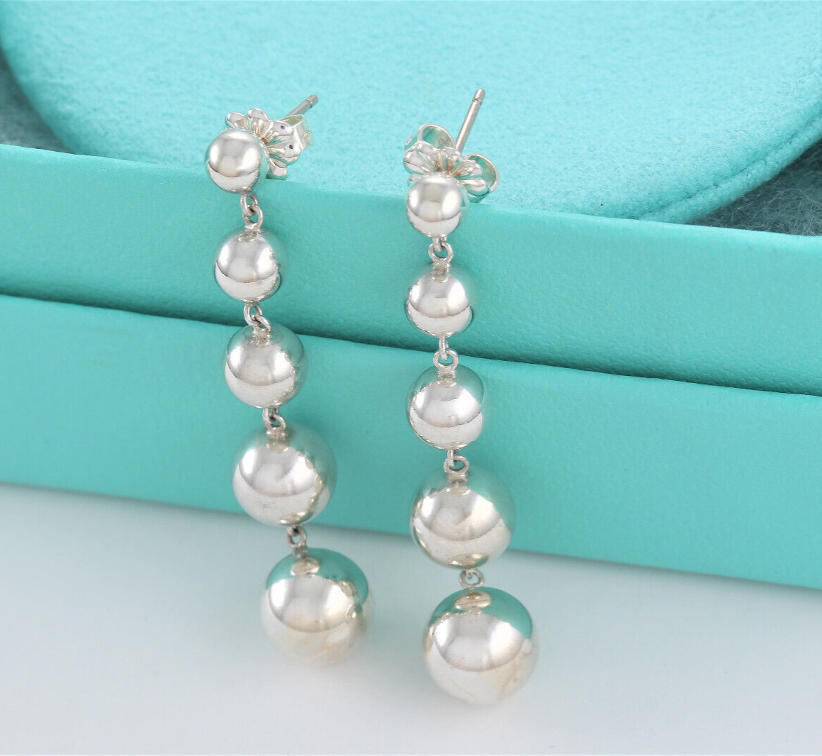 Tiffany & Co Silver Graduated Bead Ball Drop Earrings in Box Pouch Dangle Rare