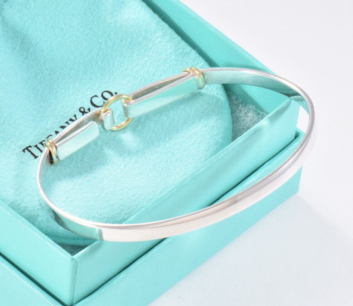 Tiffany & Co Silver 18K Gold Circle Loop Ring Hook 6.75" Bracelet in Box Pouch