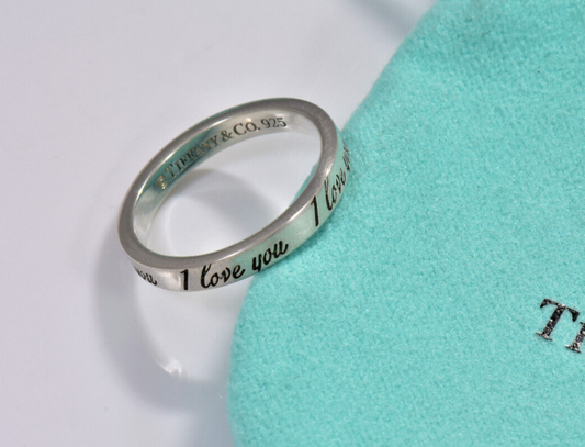 Size 9 Tiffany & Co Sterling Silver I Love You Notes Narrow Band Ring in Pouch