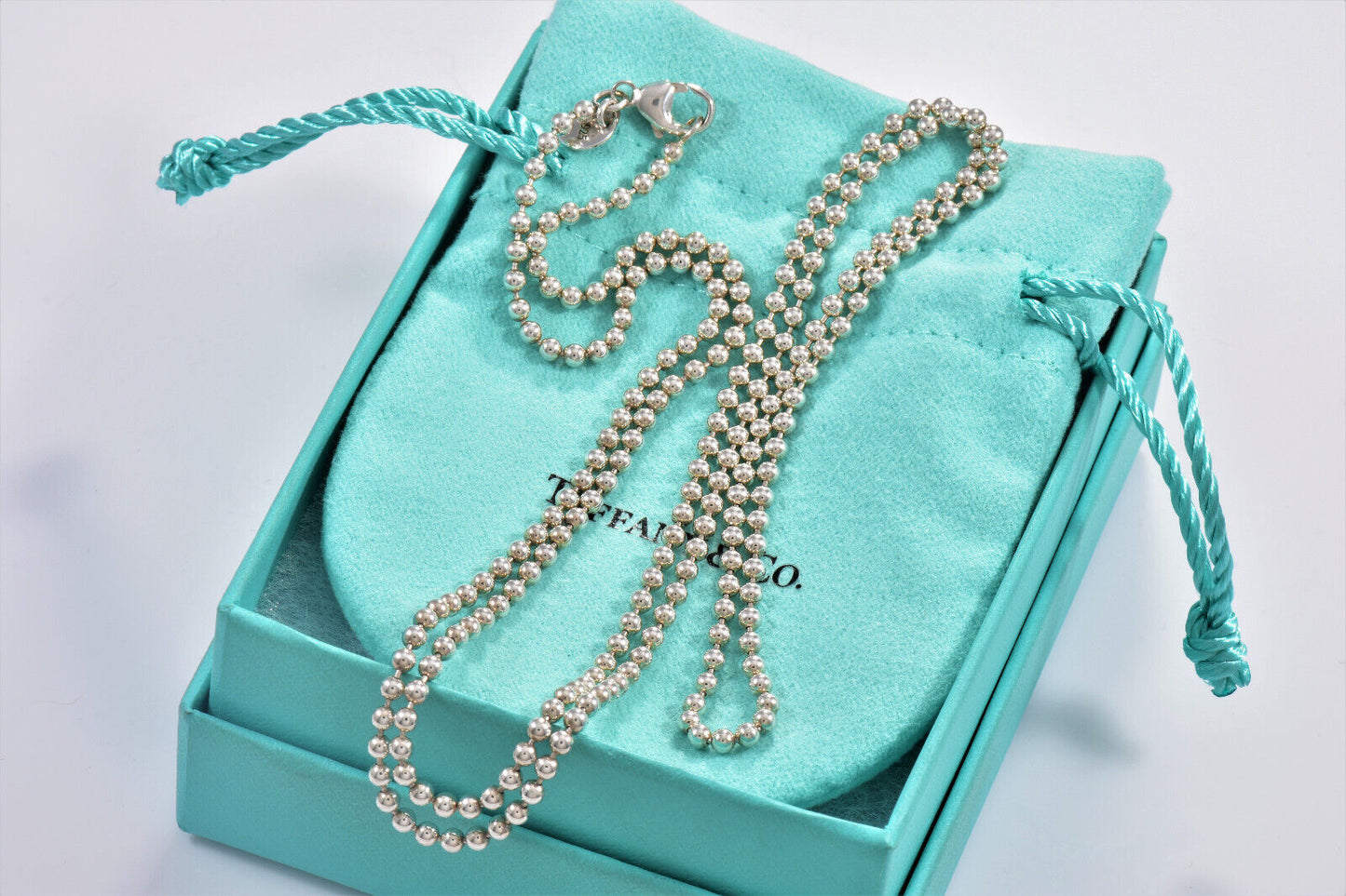 34.5" Tiffany & Co Silver 3mm Bead Chain Necklace For Pendant In Pouch Mens Uni