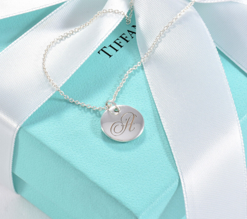 Tiffany & Co Silver Letter A Cursive Circle Pendant 17" Necklace in Box Pouch