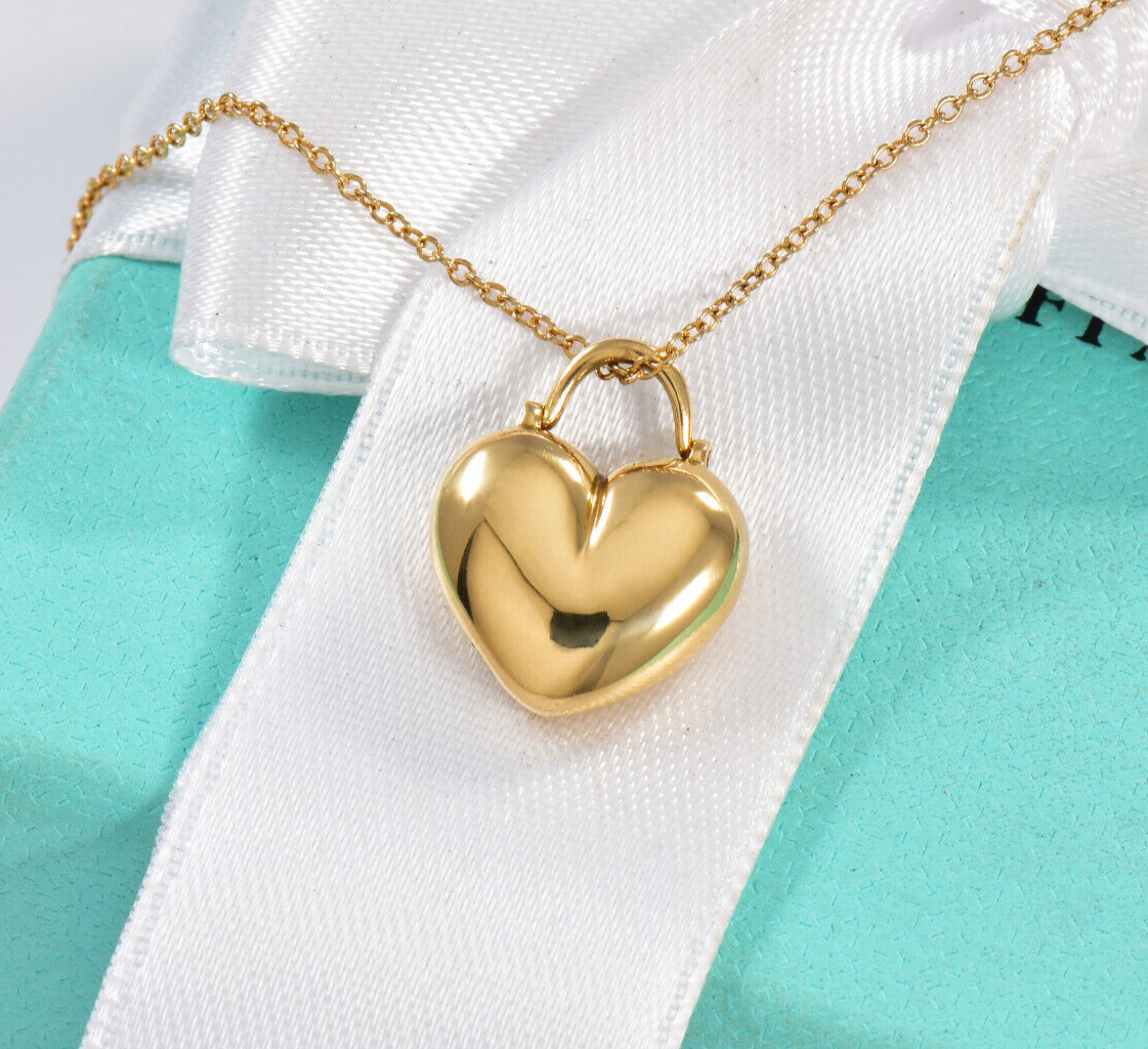 Vintage Tiffany & Co 18K Yellow Gold Puff Heart Swivel Pendant 17" Necklace Rare