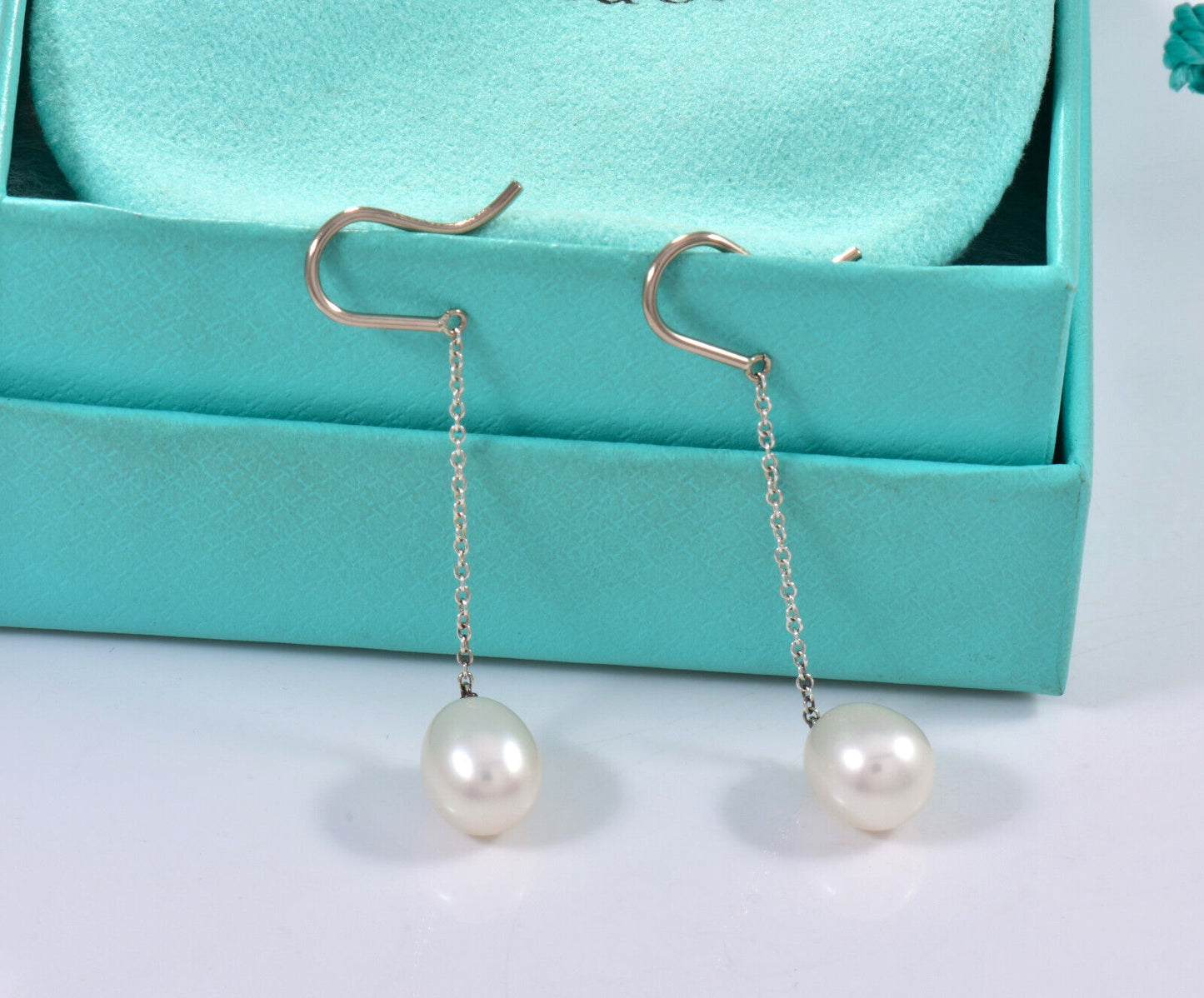 Tiffany & Co Silver Elsa Peretti Pearls By Yard Chain Earrings Box Pouch Ribbon