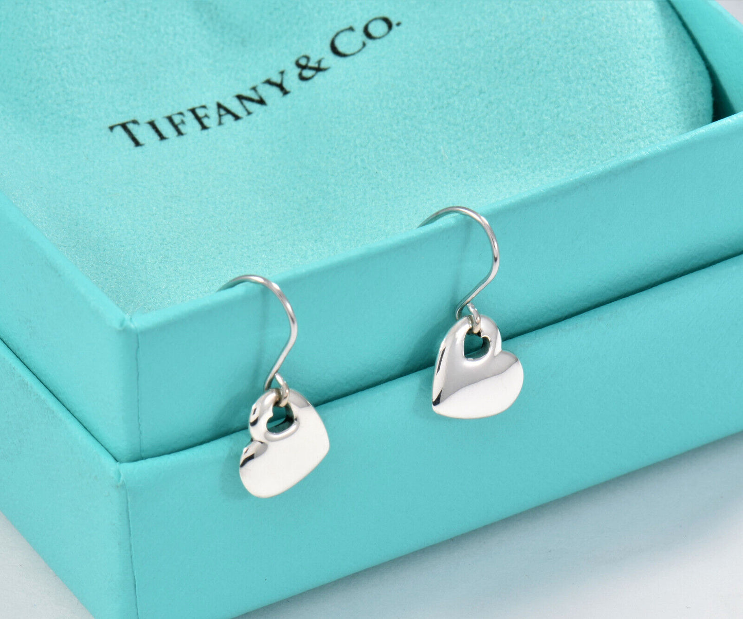 Tiffany & Co Silver Puff Heart Stencil Hook Earrings in Box Pouch Ribbon Dangle