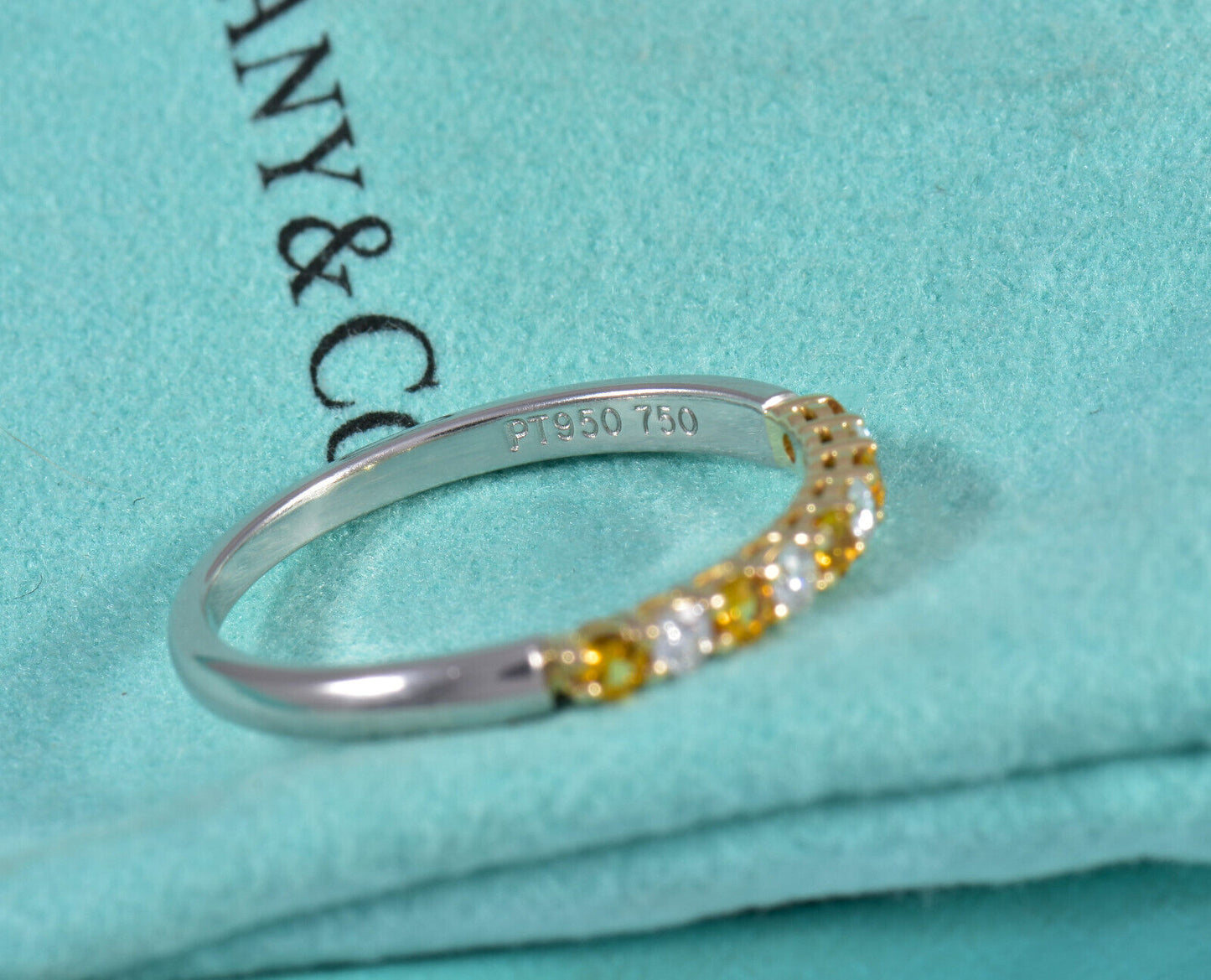 Tiffany & Co Diamond Gold Yellow Sapphire Platinum Band Size 7 Ring in Box Pouch