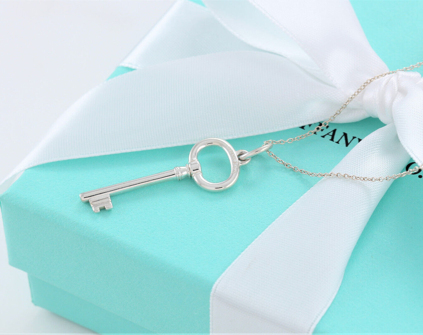 Tiffany & Co Sterling Silver 1.5" Oval Key Pendant 18.25" Chain Necklace in Box