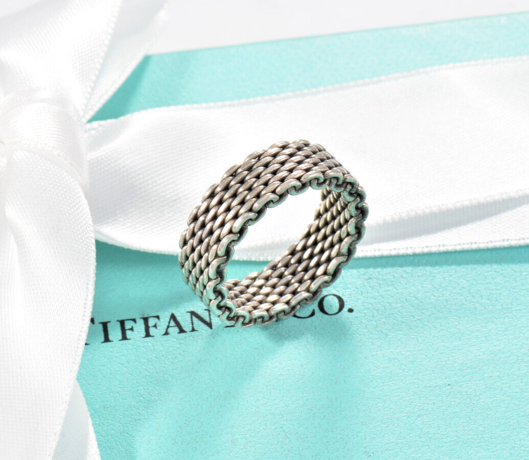 Size 4 Tiffany & Co Sterling Silver Somerset Mesh Firm Ring in Pouch Lovely Rare