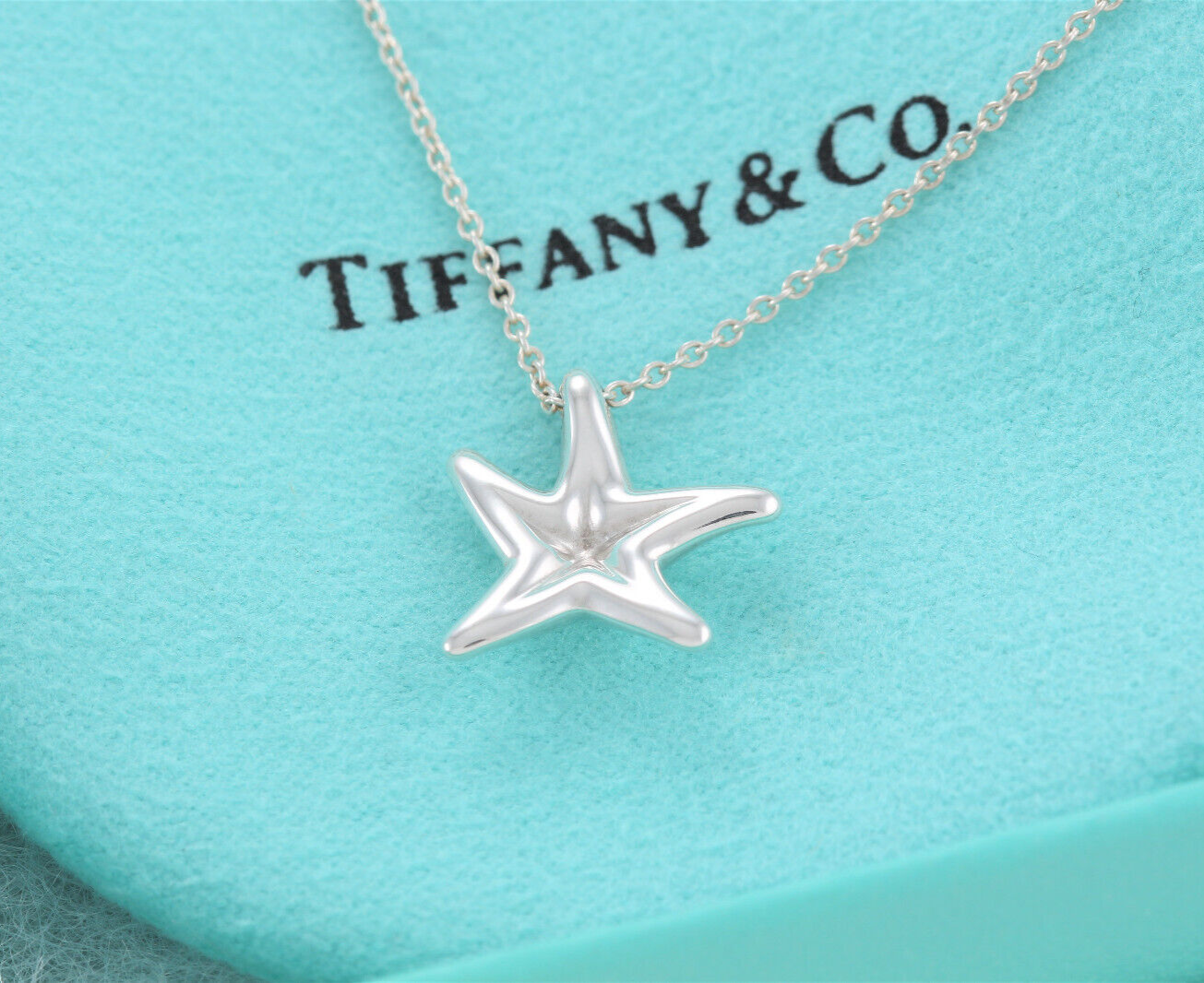 Tiffany & Co Silver Elsa Peretti Medium Starfish Pendant 16.25" Necklace & Pouch