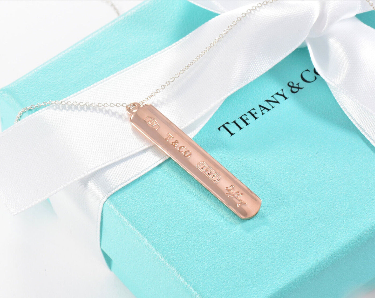 24" Tiffany & Co Rubedo Gold Silver 1837 Large Bar Pendant Necklace in Box Pouch